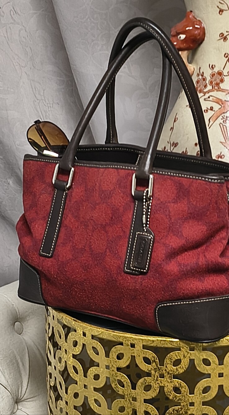 Coach Hamptons Weekend Signature Suede Tote Bag Red Brown Leather Excellent Cond - Picture 3 of 15